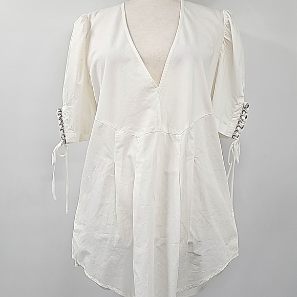 Free People Tunic Cotton Deep Vneck Top Side Pockets & Grommet Tie Sleeve Detail - Picture 1 of 15